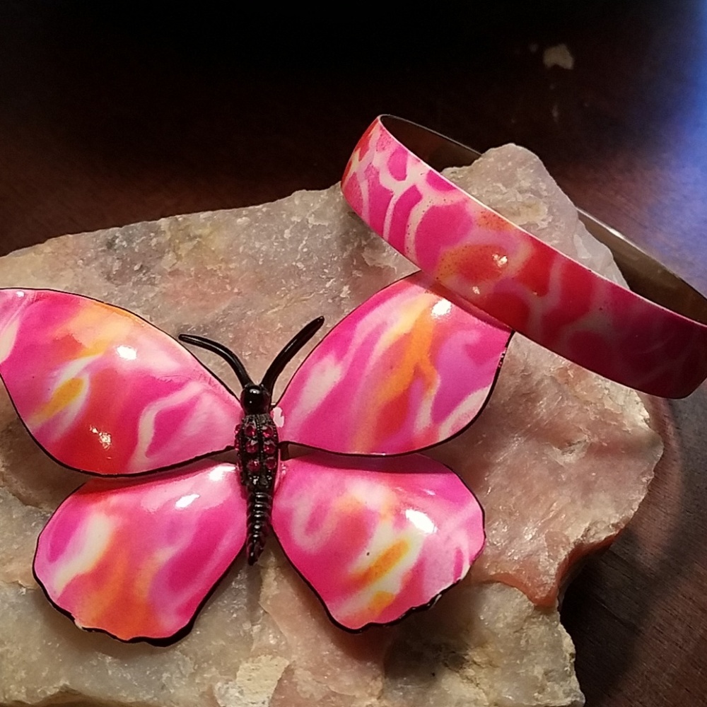 POP ART Vintage Enamel Butterfly Brooch and Bracelet